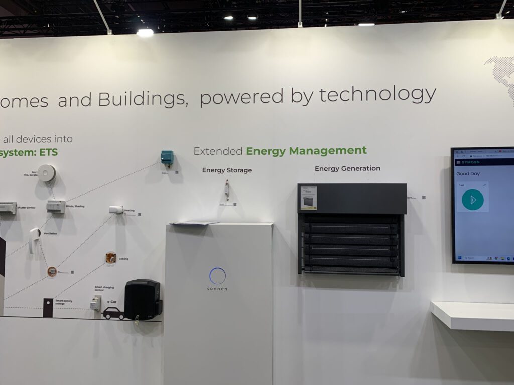 Presentation of RaffSun at the L+B. Our smaller demonstrator was exhibited together with other KNX devices on one of the main walls of the KNX stand.